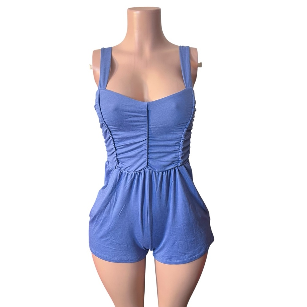 Casual Blue Ruched Romper Jumpsuit